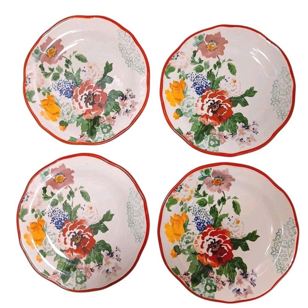 4 Pc Pioneer Woman Country Garden 8.5" Salad Plates Floral Red Set of 4 VNT New!